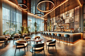 do realistic 3d cafe interior an exterior design, restaurant interior, bar