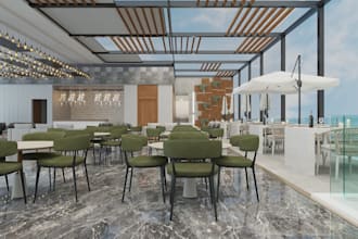 render 3d restaurant interior design, bar, rooftop lounge,café, out door caffe