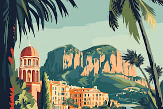 create unique vintage, retro, art deco, travel poster or landscape illustration