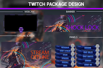 do twitch overlay, animated stream packages, twitch emotes, panels, alerts, logo