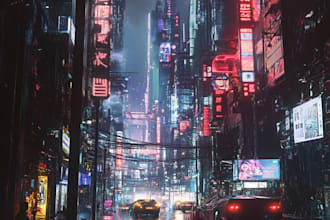 draw futuristic cyberpunk city and sci fi concept art