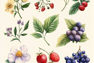 draw botanical illustrations of flowers, plants and fruits