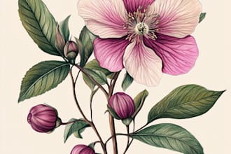 paint watercolor botanical illustration of flowers, plants, fruits