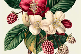paint botanical illustration of plants, fruits, flowers, vegetables, herbs