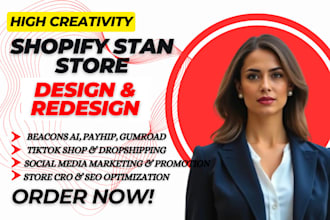tik tok ads, shopify store design, stan store design, beacons ai, payhip,gumroad