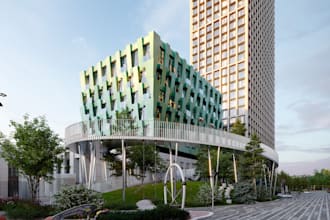 design big factory environment,8k walkthrough, landscape, realestate, highrise