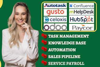 setup autotask celoxis odoo confluence hubspot paycor gusto automation mhelpdesk