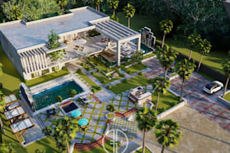 redesign 3d landscape villa,exterior patio,isometric plan,cgi pool,map rendering