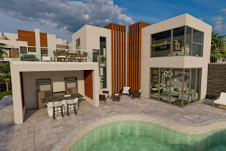 render 3d architectural private apartment, car park, pool, patio, 3d modelling