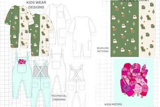 draw technical kids wear techpack and seamless textile patterns