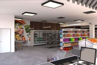 render photorealistic 3d modern grocery shop, supermarket store, brand name