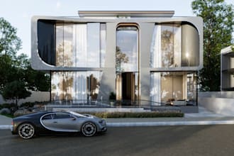 optimized 3d exterior house render, backyard,swimming pool,rooftop terrace,patio