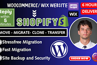 migrate transfer backup clone wordpress ecwid squarespace wix to shopify website