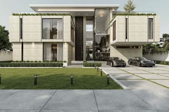 retouch 3d modern house design, villa render garden,frontyard, backyard,car park
