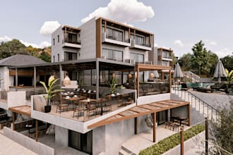 remodel 3d exterior hotel design, restaurant render,garden,swimming pool,patio