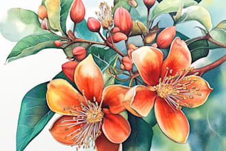 draw botanical illustration line art of plants, flowers