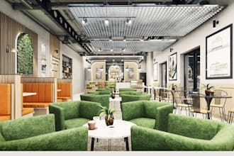 design a stunning 3d interior coffee shop, café, or restaurant, 3d rendering cgi