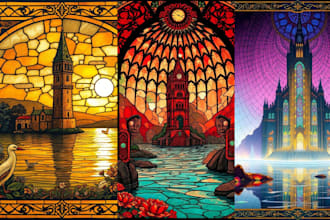 draw custom colourful stained glass art digital fantasy art dark art vintage art