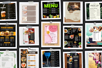 design a stunning food menu, bar price list, or beauty and spa menu