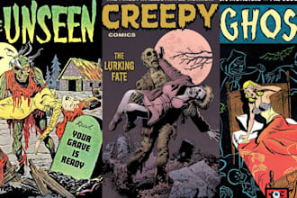 do creepy retro vintage comic 70s 80s horror movie poster for film, music, book