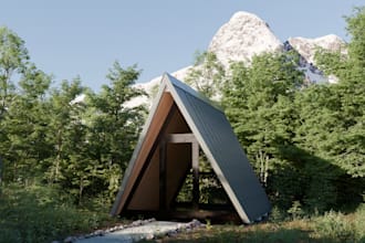 create photorealistic 3d cabin in forest