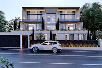 redesign 3d luxury villa, landscape renovation, front yard, backyard, car park