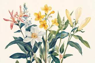 draw botanical illustrations of flowers, plants, fruits
