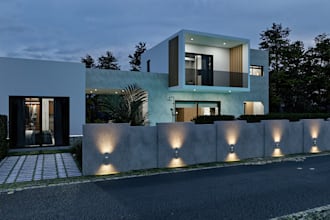 retouch 3d modern house design, villa render garden, elevate terrace, pool patio