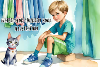 draw watercolor children storybook illustration, children colouring book for KDP