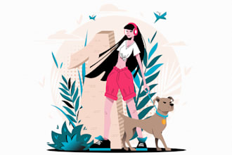 design girl walking dog digital illustration logo