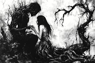 draw black and white horror, metal, dark art illustration
