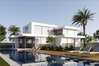 recreate rendering 3d exterior,garden decor,facade house,3d swimming pool,vray
