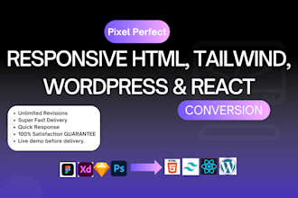 convert figma and xd designs to wordpress HTML5 css3 react and tailwind