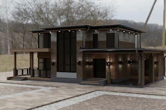 retouch 3dcabin house, cottage exterior, vr tour minimalist interior, sketch up
