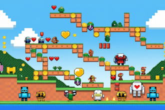 do pixel art characters, backgrounds, spritesheet and tilesets