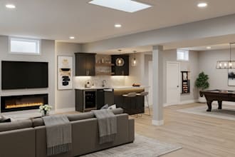 design realistic 3d basement design, private lounge or suite