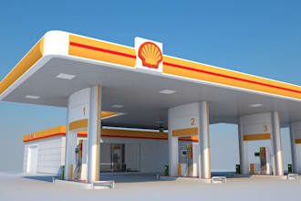 build filling station, exterior gas station rendering, commercial building, cgi
