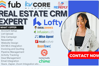 set up real estate crm lofty, kvcore, rei reply, follow up boss idx website seo
