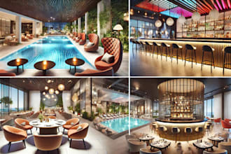 do 3d interior for nightclub, lounge, bar, poolside, restaurant with rendering