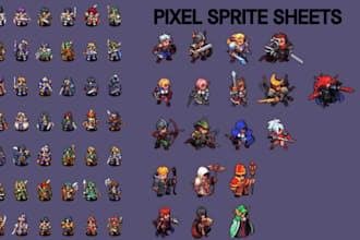 create high quality 8 bit 16 bit pixel art character, animations, sprite sheets