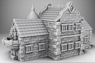 model 3d terrain ruin,medieval building, diorama stl, wooden beamer, rusty house