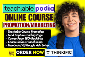 teachable online course promotion, thinkific course sales funnel podia marketing