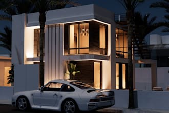 resort 3d modern beach villa, luxury outdoor garden, apartment design skp render