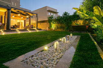 do backyard landscape garden design, outdoor swim pool, patio with 3d rendering