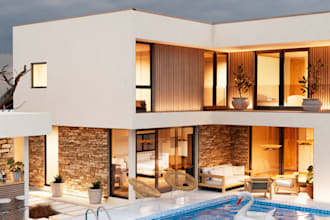 bespoke 3d ultra villa exterior, facade lighten render 8k HQ environment design