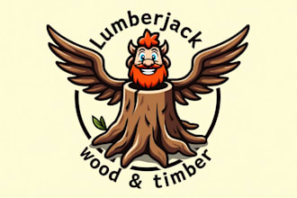 do unique lumberjack wood timber stump with roots and wings logo