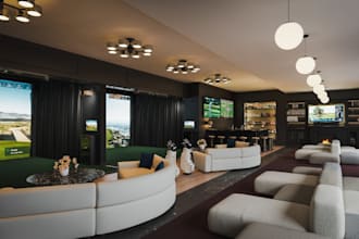 refurbished 3d luxury golf bar simulator, cgi gymnasium interior, golf course