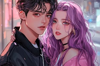do cute couple portrait, anime, family or pet illustration