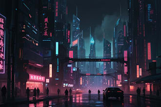 illustrate cyberpunk futuristic city and background