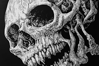 draw detailed dark art with woodcut or linocut style